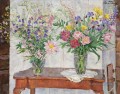 DEUX BOUQUETS OF MULTI COLOURED FLOWERS BY A STOVE Petr Petrovich Konchalovsky moderne